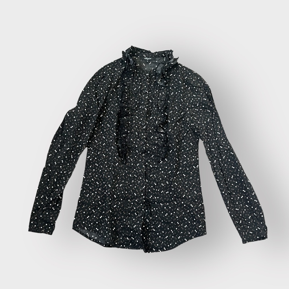 Playlord Black & Brown Square Dotted Ruffle Mockneck 100% Cotton Blouse Twee